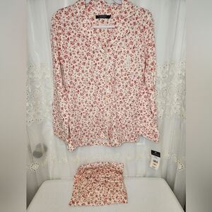 Lauren Ralph Lauren NWT Pajama Set Small Red Pink Floral 100% Cotton Pants Top